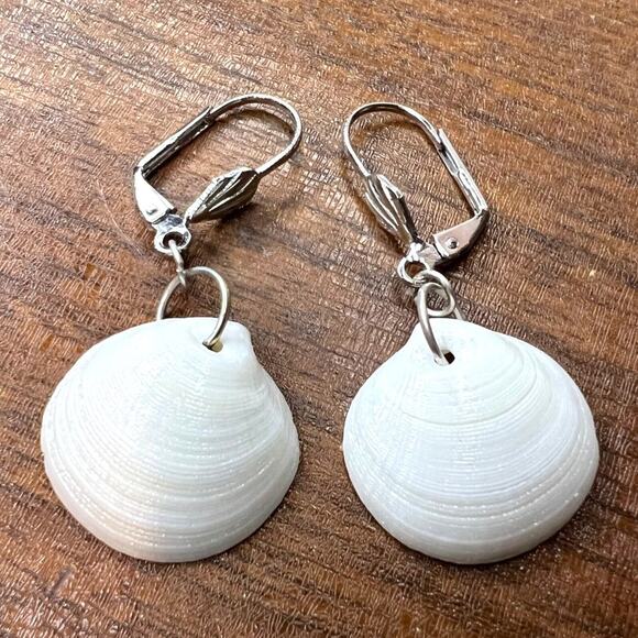 Dangle Earrings Genuine Handcrafted Seashell Silver and White Coastal Beach - Picture 1 of 14